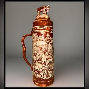 Vintage Buffalo Relief Stein — Brown & Ivory Western Hunting Scene Mug